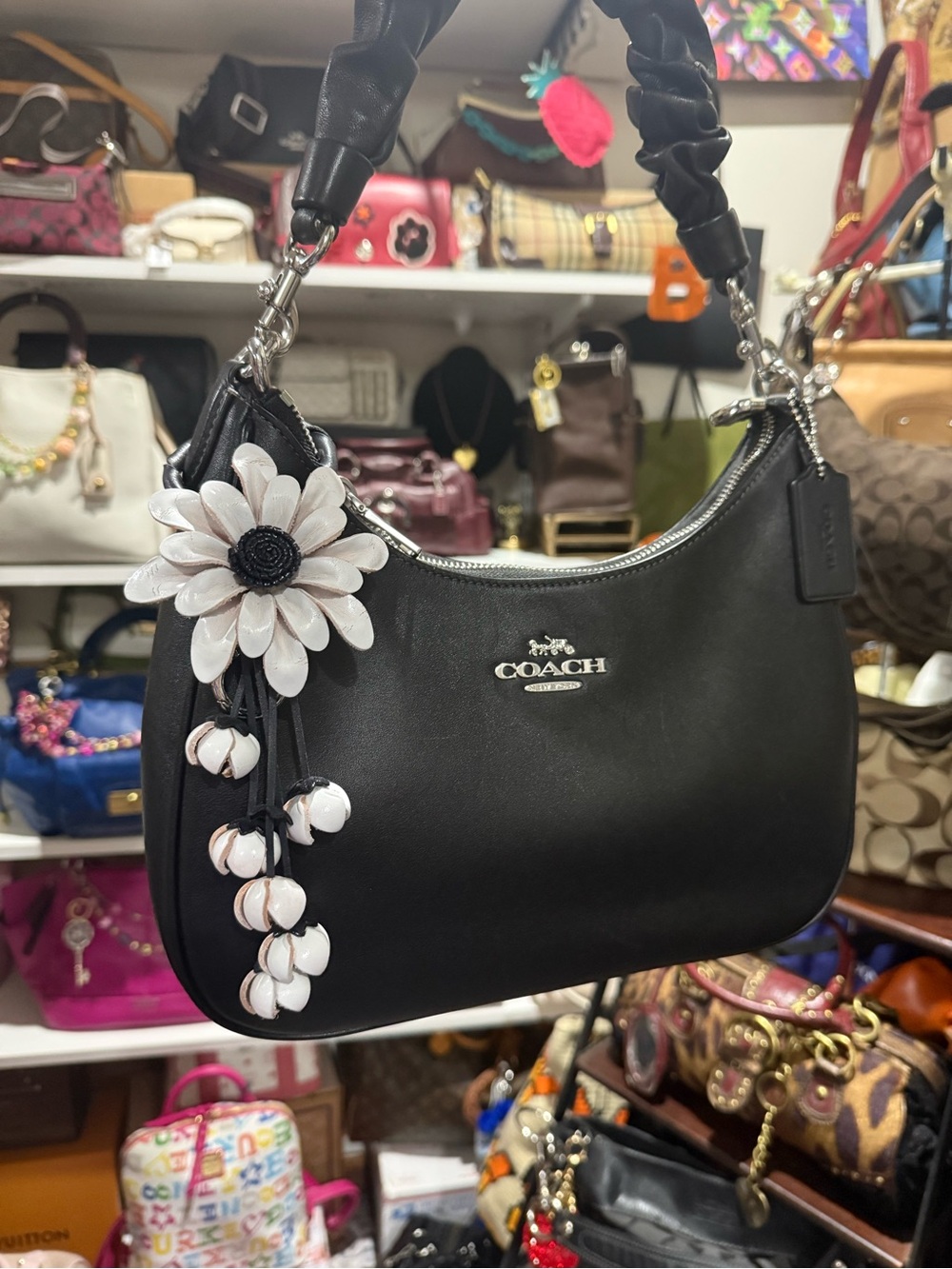 Coach Teri Black Leather Shoulder Bag with White Flower Charm